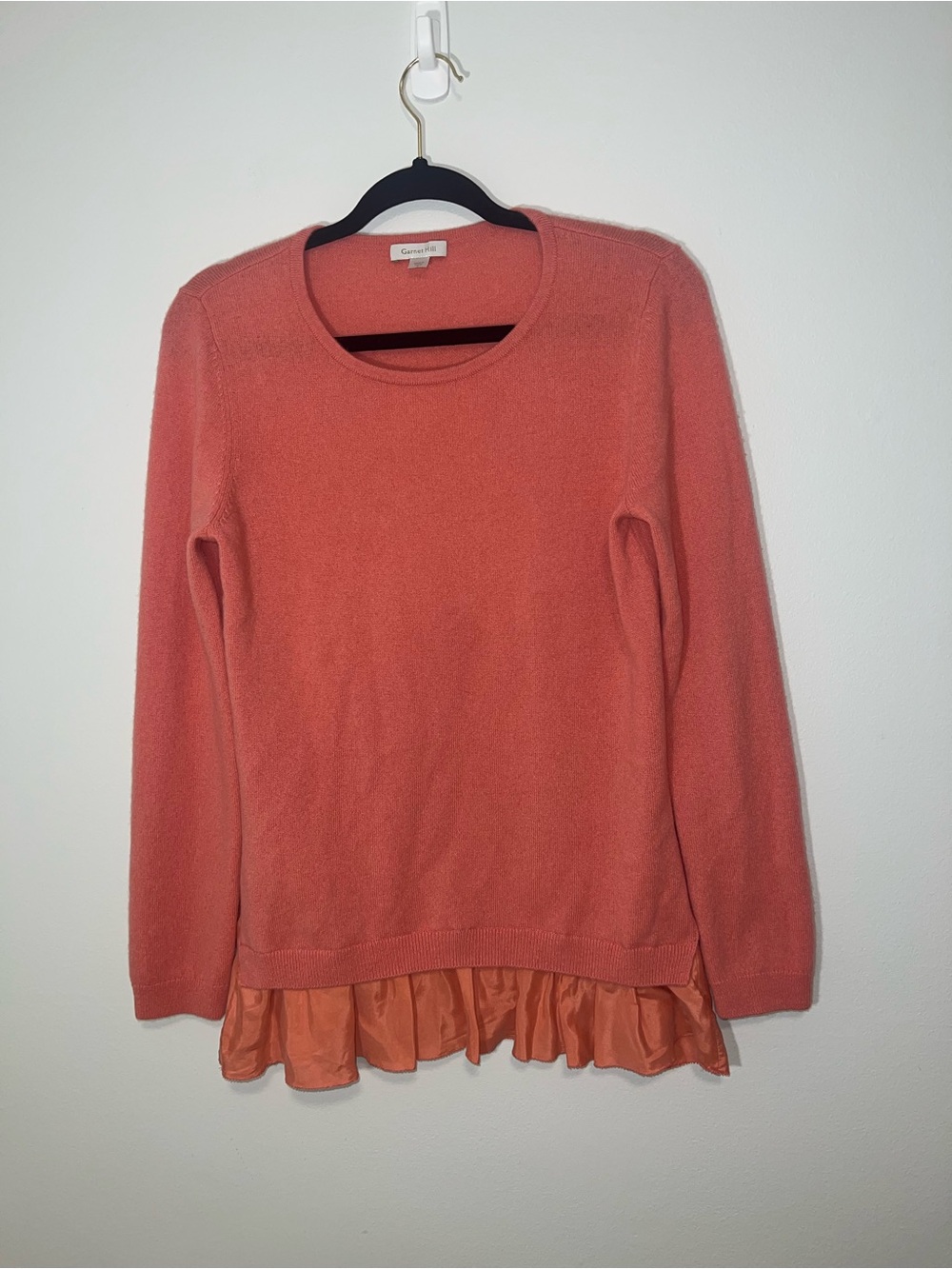 100% Cashmere Coral Crewneck Sweater with Ruffle Hem
